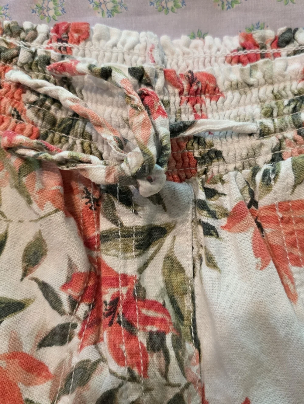 Briggs Cotton Floral Drawstring Waist Shorts - Coral & Olive on Cream - Picture 11 of 12